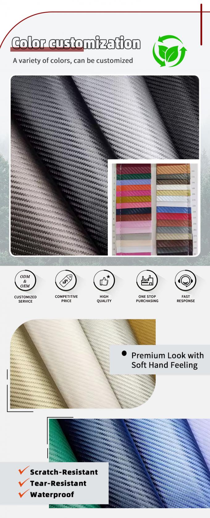 جلد صناعي من ألياف الكربون PU بسمك 1.0 مم للحقائب والمحافظ والأحزمة ومحلات السيارات والجلود الصناعية 4